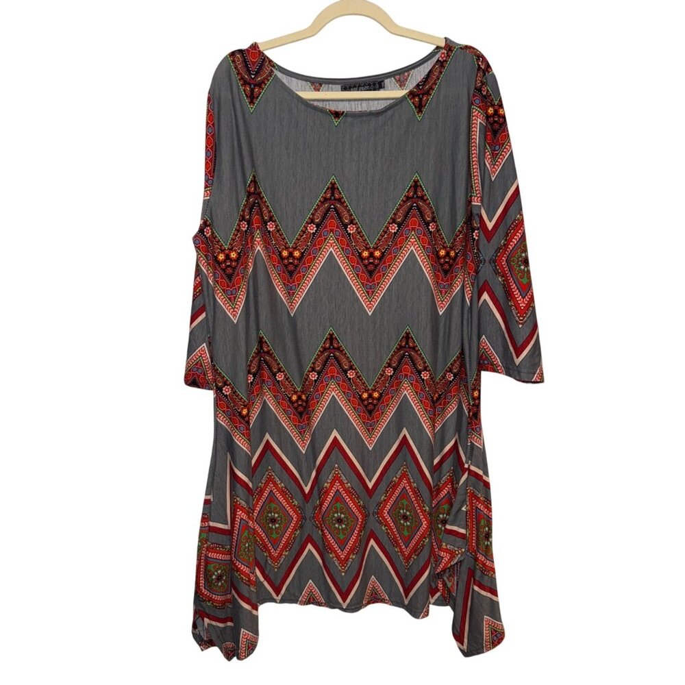 Geometric Chevron Print Long Sleeve Tunic By Ice Silk Rayon Blend